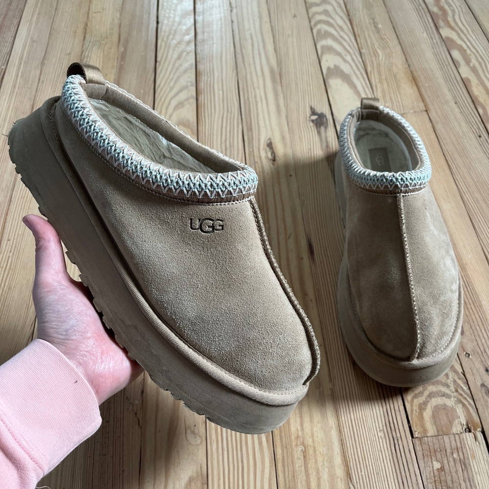 UGG Tazz Platform Tasman Slippers Women 12 Driftwood Suede Mules 1122553